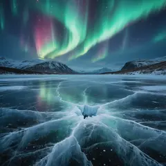 Hunyuan Image 3.0 — A frozen lake with cracks in the ice, Northern Lig