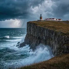Hunyuan Image 3.0 — A coastal cliff with crashing waves below, lightho