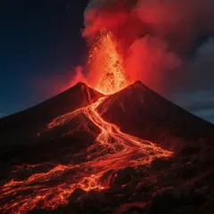 Hunyuan Image 3.0 — A volcano erupting at night with lava flowing down