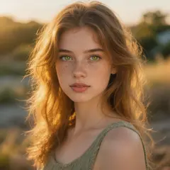 Hunyuan Image 3.0 — A young woman with freckles and green eyes, golden