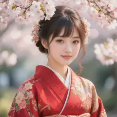 Hunyuan Image 3.0 — A Japanese woman in a red kimono standing under ch