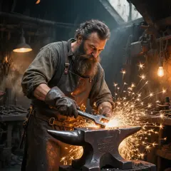 Hunyuan Image 3.0 — A bearded blacksmith in a dark workshop, sparks fl