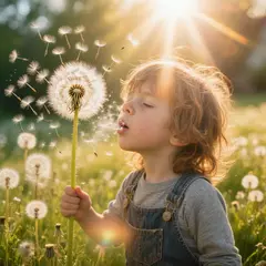 Hunyuan Image 3.0 — A child blowing dandelion seeds in a sunlit meadow