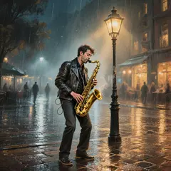 Hunyuan Image 3.0 — A street musician playing saxophone under a lamppo