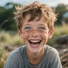 Hunyuan Image 3.0 — A freckled boy with bright blue eyes and messy hai