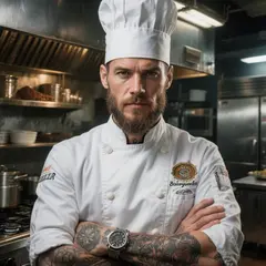 Hunyuan Image 3.0 — A tattooed chef in a white coat, arms crossed, con