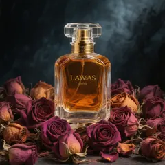 Hunyuan Image 3.0 — A bottle of amber perfume on a bed of dried roses,