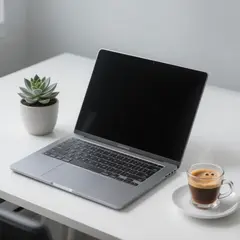 Hunyuan Image 3.0 — A sleek laptop on a clean white desk with a potted