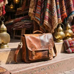 Hunyuan Image 3.0 — A leather messenger bag on a sun-dappled step in a