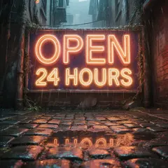 Hunyuan Image 3.0 — A glowing neon sign reading OPEN 24 HOURS in a dar