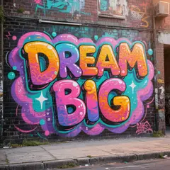 Hunyuan Image 3.0 — A graffiti mural on a brick wall spelling DREAM BI