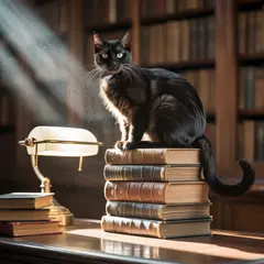 Ideogram V3 Turbo — A black cat sitting on a stack of old books in a c