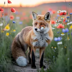 Ideogram V3 Turbo — A fox in a field of wildflowers, backlit by sunset