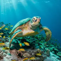 Ideogram V3 Turbo — A giant sea turtle swimming over a coral reef, und