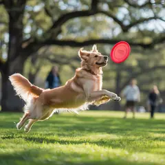 Ideogram V3 Turbo — A golden retriever catching a frisbee in mid-air a