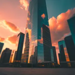 Ideogram V3 Turbo — A modern glass skyscraper reflecting clouds at sun