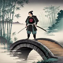 Ideogram V3 Turbo — A lone samurai standing on a misty bridge, ukiyo-e