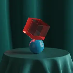 Ideogram V3 Turbo — A red cube on top of a blue sphere, both sitting o
