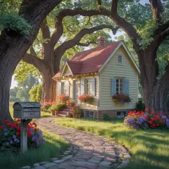 Ideogram V3 Turbo — A small house between two tall trees, with a path 