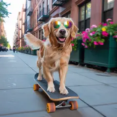 Ideogram V3 Turbo — A dog wearing sunglasses riding a skateboard down 