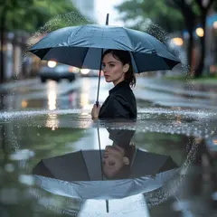 Ideogram V3 Turbo — A woman holding an umbrella in the rain, reflected