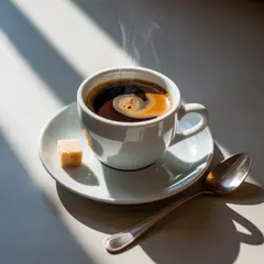 Ideogram V3 Turbo — A cup of coffee on a saucer, with a spoon to the r