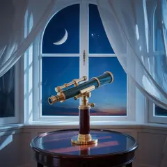 Ideogram V3 Turbo — A telescope pointing at the moon through an open w