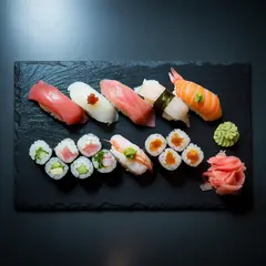 Ideogram V3 Turbo — A perfectly plated sushi omakase on a black slate 