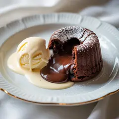 Ideogram V3 Turbo — A dripping chocolate lava cake cut open on a white