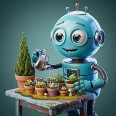 Ideogram V3 Turbo — A 3D render of a cute robot watering plants in a m