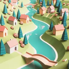 Ideogram V3 Turbo — An isometric low-poly village with tiny houses, tr