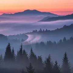 Ideogram V3 Turbo — A misty mountain range at sunrise, layers of purpl