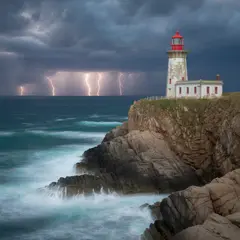 Ideogram V3 Turbo — A coastal cliff with crashing waves below, lightho