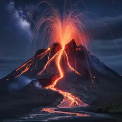 Ideogram V3 Turbo — A volcano erupting at night with lava flowing down