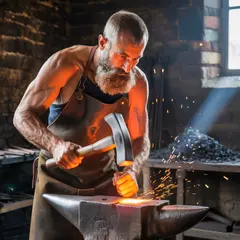 Ideogram V3 Turbo — A bearded blacksmith in a dark workshop, sparks fl