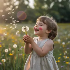 Ideogram V3 Turbo — A child blowing dandelion seeds in a sunlit meadow