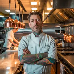 Ideogram V3 Turbo — A tattooed chef in a white coat, arms crossed, con