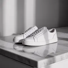 Ideogram V3 Turbo — A pair of white leather sneakers on a marble count