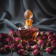 Ideogram V3 Turbo — A bottle of amber perfume on a bed of dried roses,