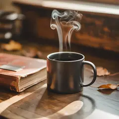 Ideogram V3 Turbo — A matte black coffee mug with steam rising, placed