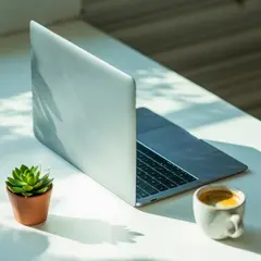 Ideogram V3 Turbo — A sleek laptop on a clean white desk with a potted