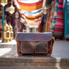 Ideogram V3 Turbo — A leather messenger bag on a sun-dappled step in a