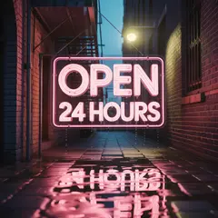 Ideogram V3 Turbo — A glowing neon sign reading OPEN 24 HOURS in a dar