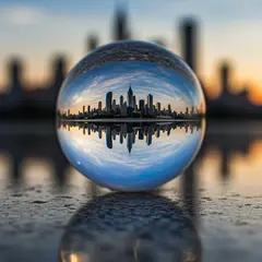 Imagen 3 — A glass sphere refracting a distorted cityscape, s