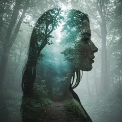 Imagen 3 — A double exposure photograph combining a forest wi