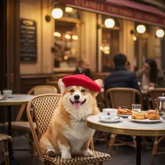 Imagen 3 — A corgi wearing a red beret sitting in a Parisian 