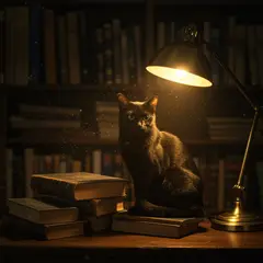 Imagen 3 — A black cat sitting on a stack of old books in a c