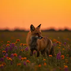 Imagen 3 — A fox in a field of wildflowers, backlit by sunset