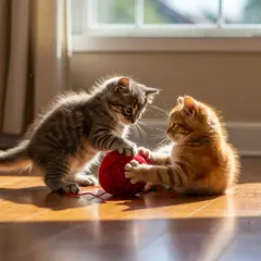 Imagen 3 — Two kittens playing with a ball of red yarn on a h