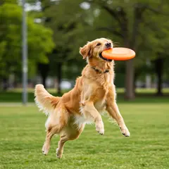 Imagen 3 — A golden retriever catching a frisbee in mid-air a
